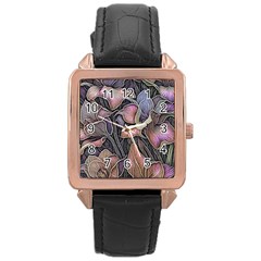 Flowers Iris Plant Rose Gold Leather Watch 