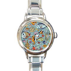 Cartoon Underwater Seamless Pattern With Crab Fish Seahorse Coral Marine Elements Round Italian Charm Watch