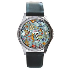 Cartoon Underwater Seamless Pattern With Crab Fish Seahorse Coral Marine Elements Round Metal Watch