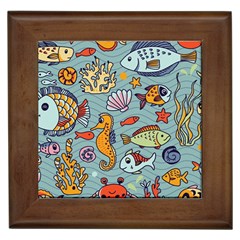 Cartoon Underwater Seamless Pattern With Crab Fish Seahorse Coral Marine Elements Framed Tile