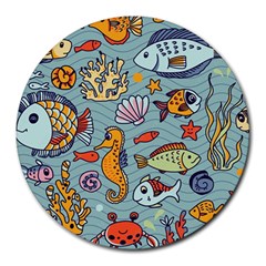 Cartoon Underwater Seamless Pattern With Crab Fish Seahorse Coral Marine Elements Round Mousepad by uniart180623