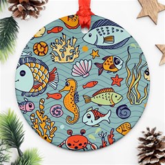 Cartoon Underwater Seamless Pattern With Crab Fish Seahorse Coral Marine Elements Ornament (Round)