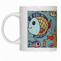 Cartoon Underwater Seamless Pattern With Crab Fish Seahorse Coral Marine Elements White Mug