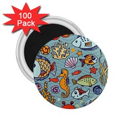 Cartoon Underwater Seamless Pattern With Crab Fish Seahorse Coral Marine Elements 2.25  Magnets (100 pack) 