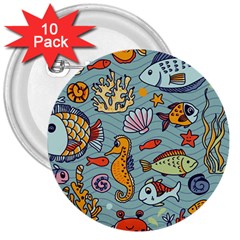 Cartoon Underwater Seamless Pattern With Crab Fish Seahorse Coral Marine Elements 3  Buttons (10 pack) 