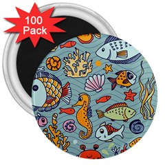 Cartoon Underwater Seamless Pattern With Crab Fish Seahorse Coral Marine Elements 3  Magnets (100 pack)