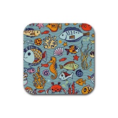 Cartoon Underwater Seamless Pattern With Crab Fish Seahorse Coral Marine Elements Rubber Coaster (Square)