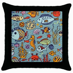 Cartoon Underwater Seamless Pattern With Crab Fish Seahorse Coral Marine Elements Throw Pillow Case (Black)