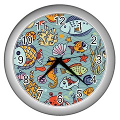 Cartoon Underwater Seamless Pattern With Crab Fish Seahorse Coral Marine Elements Wall Clock (Silver)