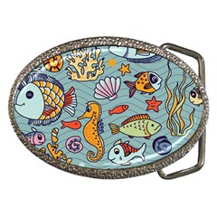 Cartoon Underwater Seamless Pattern With Crab Fish Seahorse Coral Marine Elements Belt Buckles