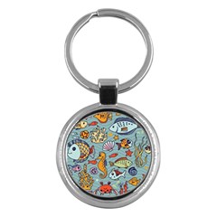 Cartoon Underwater Seamless Pattern With Crab Fish Seahorse Coral Marine Elements Key Chain (Round)