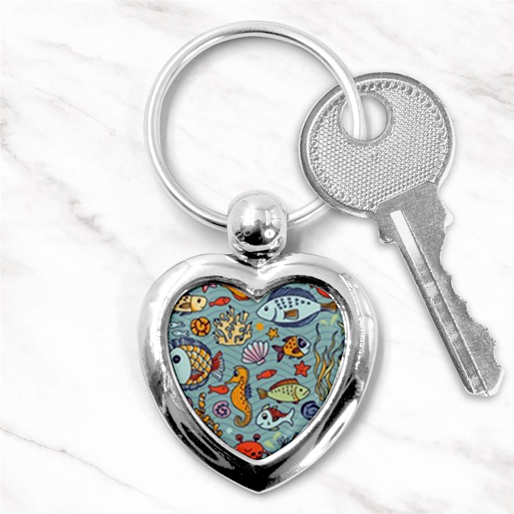 Cartoon Underwater Seamless Pattern With Crab Fish Seahorse Coral Marine Elements Key Chain (Heart)