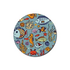 Cartoon Underwater Seamless Pattern With Crab Fish Seahorse Coral Marine Elements Rubber Coaster (Round)