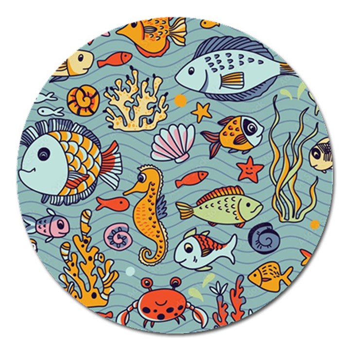 Cartoon Underwater Seamless Pattern With Crab Fish Seahorse Coral Marine Elements Magnet 5  (Round)