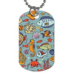 Cartoon Underwater Seamless Pattern With Crab Fish Seahorse Coral Marine Elements Dog Tag (One Side)