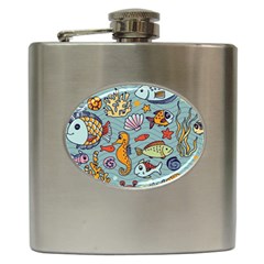 Cartoon Underwater Seamless Pattern With Crab Fish Seahorse Coral Marine Elements Hip Flask (6 oz)