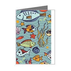 Cartoon Underwater Seamless Pattern With Crab Fish Seahorse Coral Marine Elements Mini Greeting Card