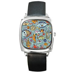 Cartoon Underwater Seamless Pattern With Crab Fish Seahorse Coral Marine Elements Square Metal Watch