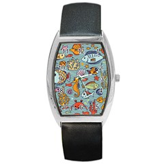 Cartoon Underwater Seamless Pattern With Crab Fish Seahorse Coral Marine Elements Barrel Style Metal Watch