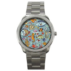 Cartoon Underwater Seamless Pattern With Crab Fish Seahorse Coral Marine Elements Sport Metal Watch