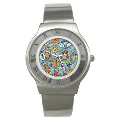 Cartoon Underwater Seamless Pattern With Crab Fish Seahorse Coral Marine Elements Stainless Steel Watch