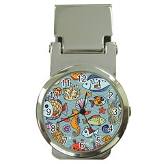 Cartoon Underwater Seamless Pattern With Crab Fish Seahorse Coral Marine Elements Money Clip Watches