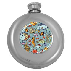 Cartoon Underwater Seamless Pattern With Crab Fish Seahorse Coral Marine Elements Round Hip Flask (5 oz)