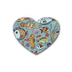 Cartoon Underwater Seamless Pattern With Crab Fish Seahorse Coral Marine Elements Rubber Heart Coaster (4 pack)