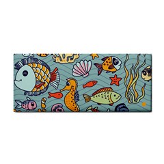 Cartoon Underwater Seamless Pattern With Crab Fish Seahorse Coral Marine Elements Hand Towel