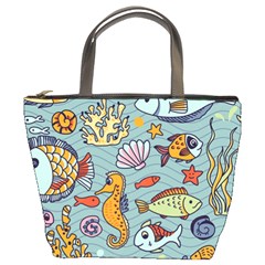 Cartoon Underwater Seamless Pattern With Crab Fish Seahorse Coral Marine Elements Bucket Bag