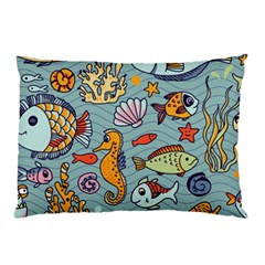 Cartoon Underwater Seamless Pattern With Crab Fish Seahorse Coral Marine Elements Pillow Case