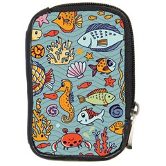 Cartoon Underwater Seamless Pattern With Crab Fish Seahorse Coral Marine Elements Compact Camera Leather Case