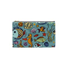 Cartoon Underwater Seamless Pattern With Crab Fish Seahorse Coral Marine Elements Cosmetic Bag (Small)