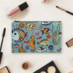 Cartoon Underwater Seamless Pattern With Crab Fish Seahorse Coral Marine Elements Cosmetic Bag (Medium)