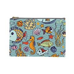 Cartoon Underwater Seamless Pattern With Crab Fish Seahorse Coral Marine Elements Cosmetic Bag (Large)