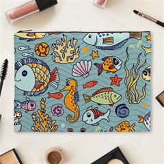 Cartoon Underwater Seamless Pattern With Crab Fish Seahorse Coral Marine Elements Cosmetic Bag (XL)