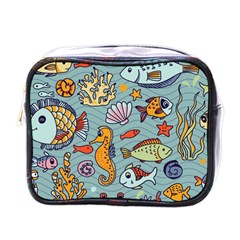 Cartoon Underwater Seamless Pattern With Crab Fish Seahorse Coral Marine Elements Mini Toiletries Bag (One Side)