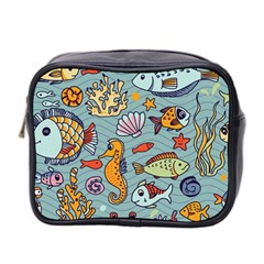 Cartoon Underwater Seamless Pattern With Crab Fish Seahorse Coral Marine Elements Mini Toiletries Bag (Two Sides)