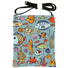 Cartoon Underwater Seamless Pattern With Crab Fish Seahorse Coral Marine Elements Shoulder Sling Bag