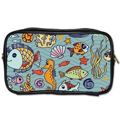 Cartoon Underwater Seamless Pattern With Crab Fish Seahorse Coral Marine Elements Toiletries Bag (One Side)