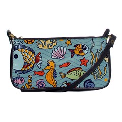 Cartoon Underwater Seamless Pattern With Crab Fish Seahorse Coral Marine Elements Shoulder Clutch Bag