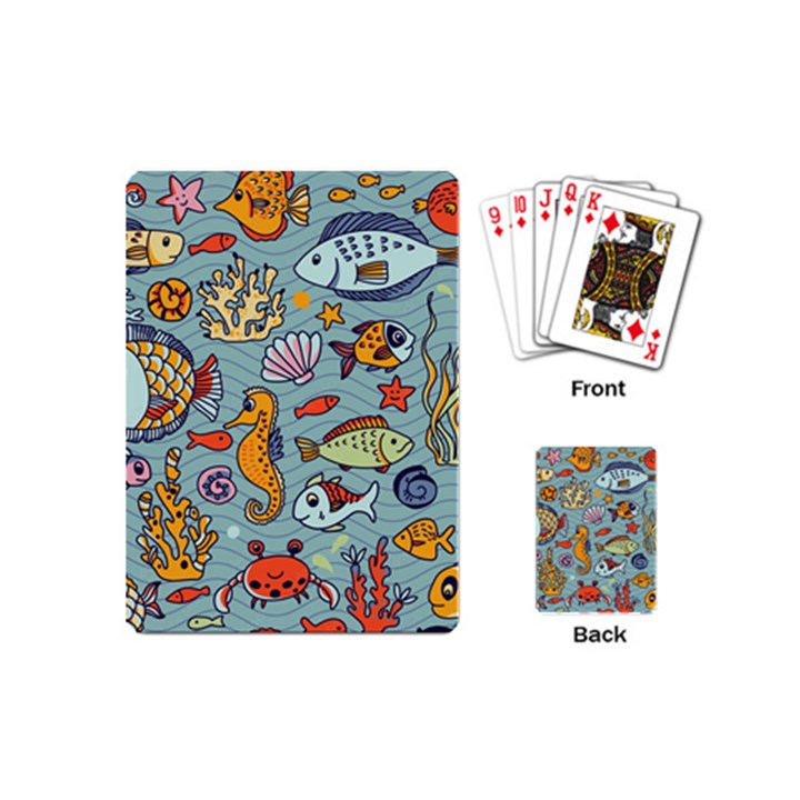 Cartoon Underwater Seamless Pattern With Crab Fish Seahorse Coral Marine Elements Playing Cards Single Design (Mini)