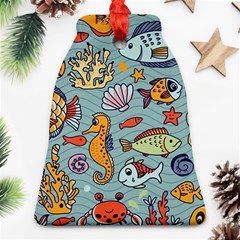 Cartoon Underwater Seamless Pattern With Crab Fish Seahorse Coral Marine Elements Bell Ornament (Two Sides)