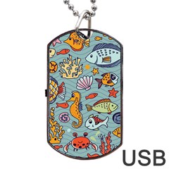 Cartoon Underwater Seamless Pattern With Crab Fish Seahorse Coral Marine Elements Dog Tag USB Flash (Two Sides)