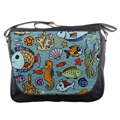 Cartoon Underwater Seamless Pattern With Crab Fish Seahorse Coral Marine Elements Messenger Bag