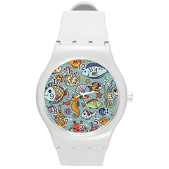 Cartoon Underwater Seamless Pattern With Crab Fish Seahorse Coral Marine Elements Round Plastic Sport Watch (M)