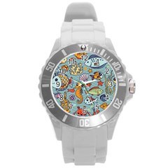 Cartoon Underwater Seamless Pattern With Crab Fish Seahorse Coral Marine Elements Round Plastic Sport Watch (L)