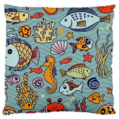 Cartoon Underwater Seamless Pattern With Crab Fish Seahorse Coral Marine Elements Large Cushion Case (One Side)