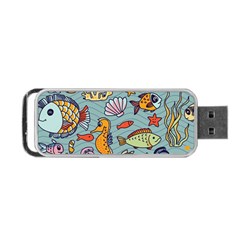 Cartoon Underwater Seamless Pattern With Crab Fish Seahorse Coral Marine Elements Portable USB Flash (One Side)