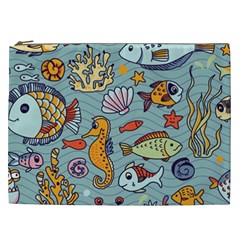 Cartoon Underwater Seamless Pattern With Crab Fish Seahorse Coral Marine Elements Cosmetic Bag (XXL)